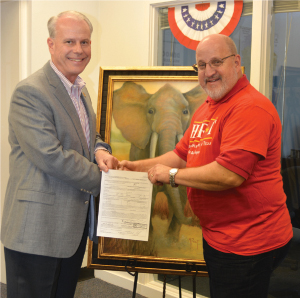Vincent M. Morales, Jr. filed as a candidate for County Commissioner Precinct 1 at the Fort Bend GOP Headquarters on Saturday, November 15, 2015. Fort Bend GOP Chairman Mike Gibson congratulated Morales on his candidacy.